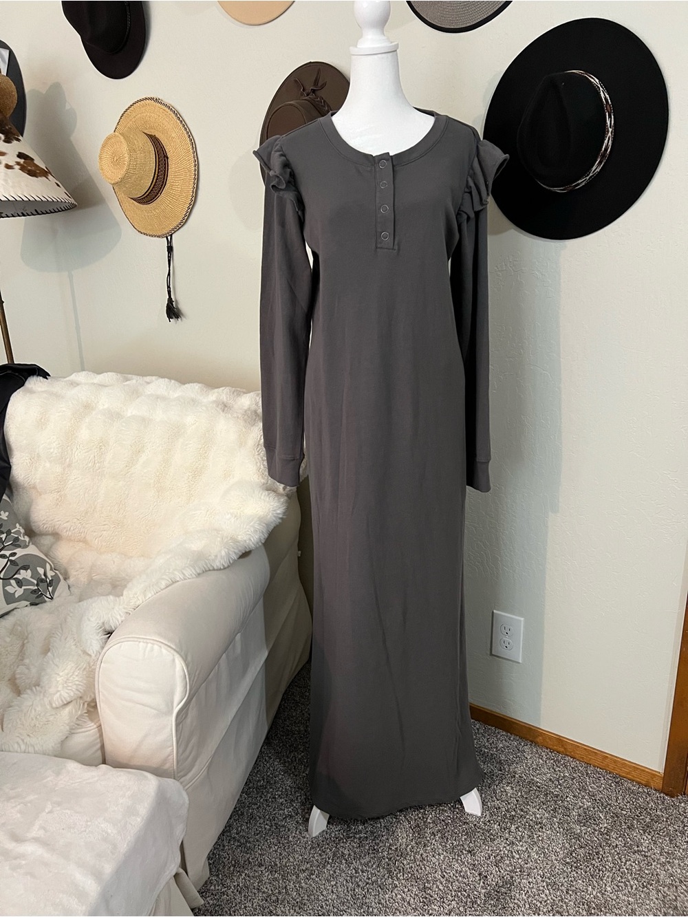 Z Supply Long Sleeve Ruffle Shoulder Maxi Dress - Dark Gray 100% Cotton L NWT